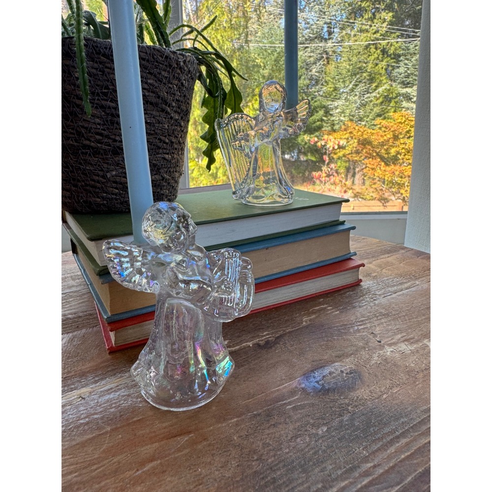 Vintage Iridescent Clear Glass Angel Figurines Set of 2 Harp Lyre Musical Decor